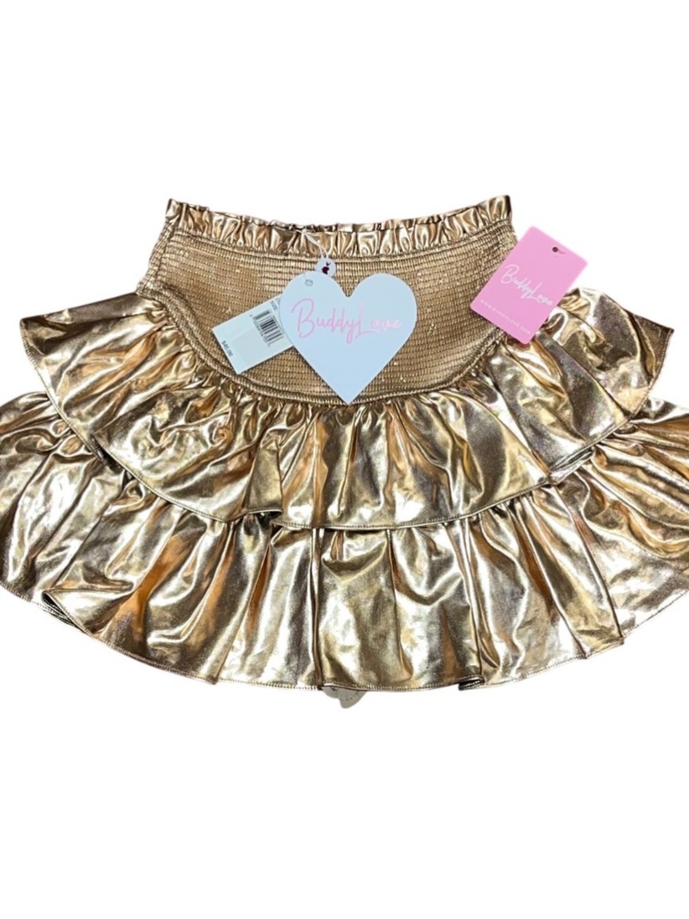 Buddy Love Gold Shimmer Mini Skirt Lined Shorts Ruffle Smocked NWT Girls Small